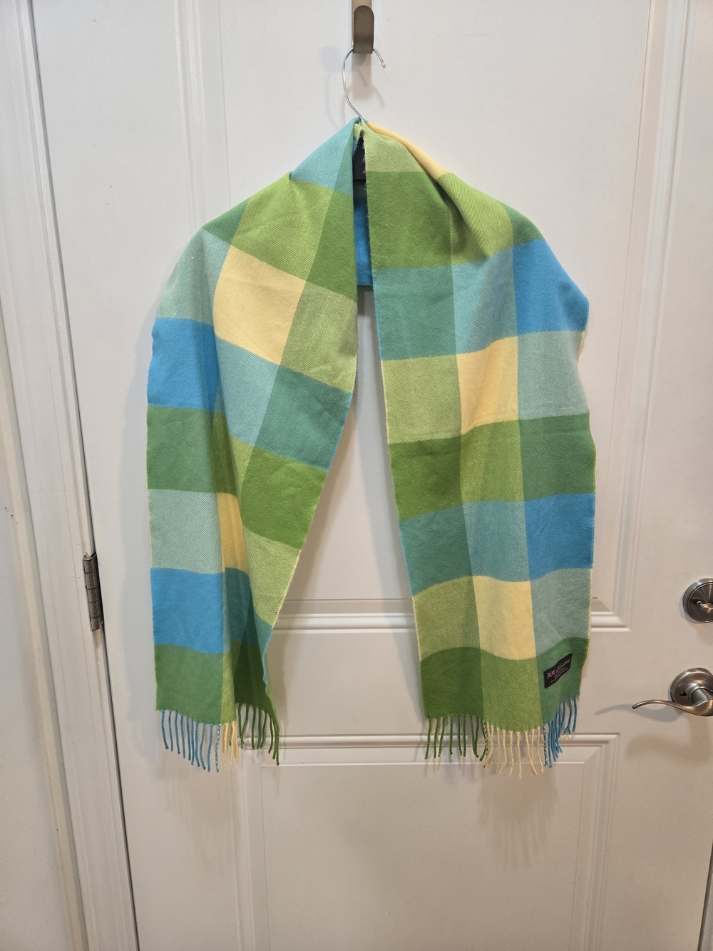 100% Cashmere Plaid Fringe Scarf in Blue, Green & Yellow